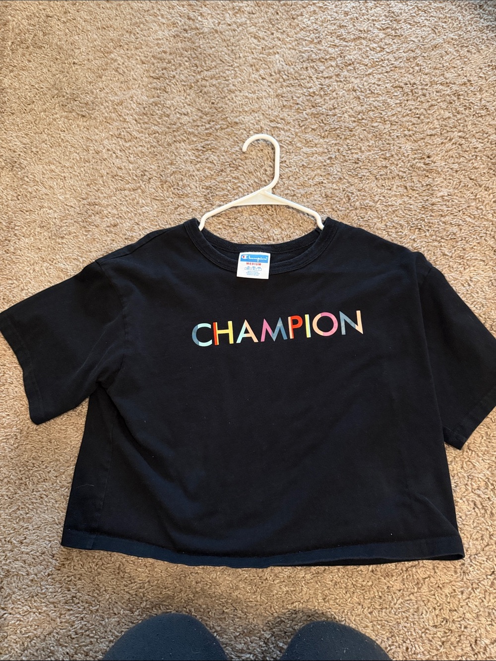 Champion Black Tee with Rainbow Logo